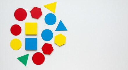 Colorful Geometric Shapes Arranged on White Background, Minimalist Design.