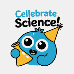 Celebrate science with this adorable cartoon character wearing a party hat and holding a flask, isolated on white background perfect for educational materials and fun designs