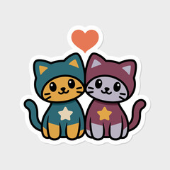 Fototapeta premium Cute cartoon kitten pair sticker, colorful cat couple vector illustration, kawaii pet mascot icon for kids branding