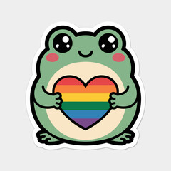 Cute frog holding a rainbow heart cartoon isolated on white background lgbtq pride illustration with a happy amphibian supporting love and equality for everyone