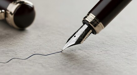 Fototapeta premium Fountain pen drawing a dark blue line on textured gray paper. Writing instrument for signing document, education, and business use.