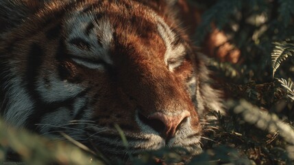 Close-up of a Sleeping Tiger in Lush Greenery, Peaceful Wildlife Scene