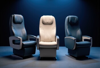 Obraz premium Three comfortable leather armchairs arranged in a row on a dark stage with focused lighting