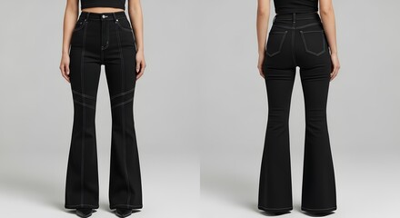 Front and back view of a woman wearing black flared jeans and a matching top, standing against a neutral background.