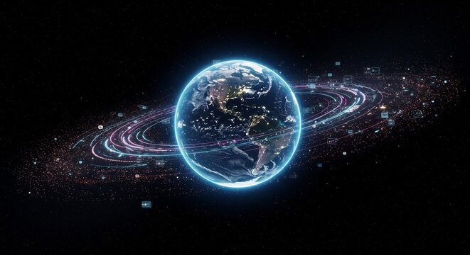 Earth Surrounded by Data Rings: Global Network and Digital Communication Concept