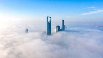 Shanghai skyscrapers pierce morning mist; aerial view, serene, modern cityscape, blue sky, architectural marvel, urban tranquility.
