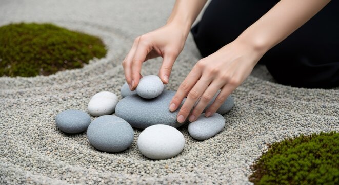 Woman hands arranging stone in a zen rock garden for a meditation area. Harmony and balance concept for relaxation