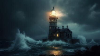 Obraz premium Stormy Lighthouse: Dramatic Coastal Scene with Waves, Lightning, and Glowing Light.
