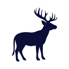 Naklejka premium A dark blue silhouette of a majestic stag with large antlers stands proudly against a clean white background.