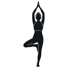 Fototapeta premium Silhouette of a woman performing the Tree Pose (Vrksasana) in yoga, with hands clasped overhead, on a white background.