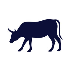 Silhouette of a dark blue bull with horns, walking with its head down, isolated on a white background.
