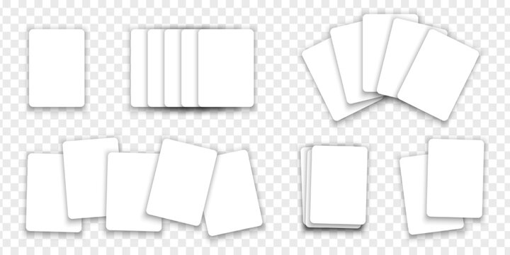 Empty white playing cards mockups isolated on transparent background. Set of playcard templates in different arrangements. Poker game concept. Vector realistic illustration.