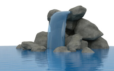 Fototapeta premium Serene waterfall cascades over rough rocks into calm blue water, creating a peaceful natural scene.