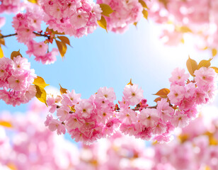 Vibrant Pink Cherry Blossoms in Spring, Sunny Day, Soft Focus, Romantic and Serene Atmosphere, Perfect for Springtime Themes.