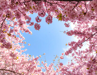 Vibrant Pink Cherry Blossoms Frame Sunny Blue Sky; Spring Floral Background, Upward View, Pastel Tones, Serene Mood.