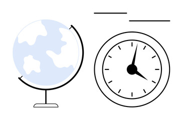 Globe and analog clock illustrate global connections, time management, and international collaboration. Ideal for business, travel, education, productivity, planning globalization teamwork. A