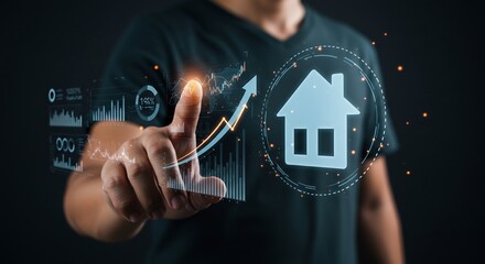 Holographic Real Estate Analytics: Finger Tracing a Glowing Upward Trend