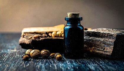 essential oil bottle surrounded by smooth wooden