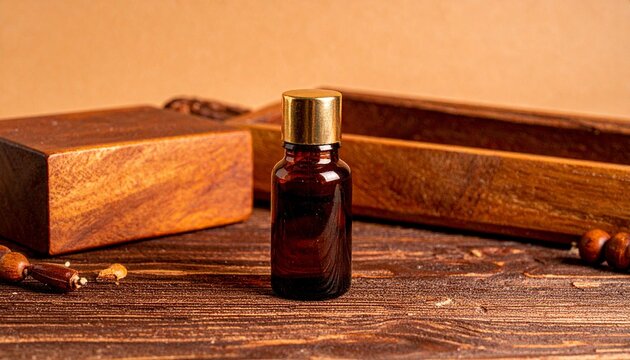 A sleek sandalwood essential oil bottle sits centrally on a wooden surface, its smooth, dark surface contrasting with the warm, golden lighting that bathes the scene. Surrounding the bottle are variou