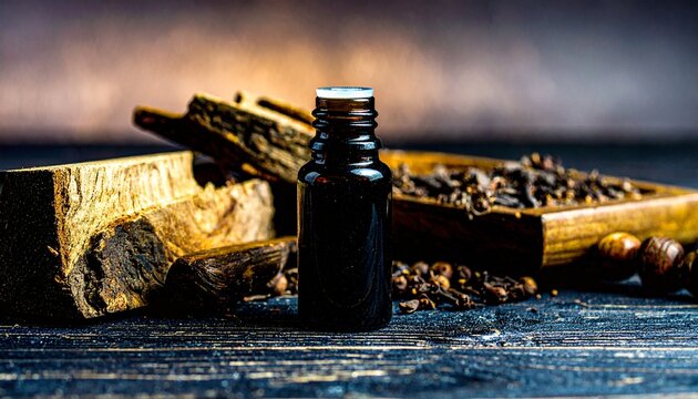 A sleek sandalwood essential oil bottle sits centrally on a wooden surface, its smooth, dark surface contrasting with the warm, golden lighting that bathes the scene. Surrounding the bottle are variou
