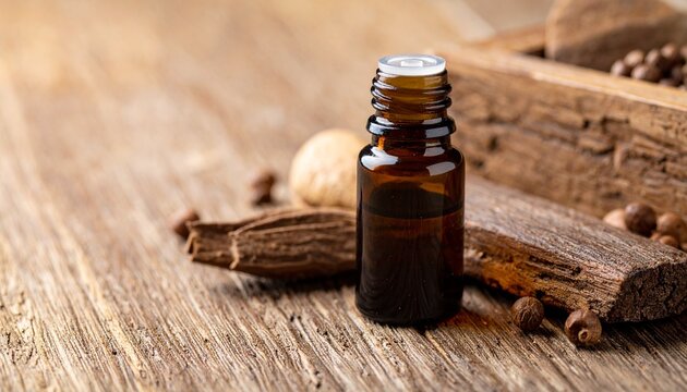 A sleek sandalwood essential oil bottle sits centrally on a wooden surface, its smooth, dark surface contrasting with the warm, golden lighting that bathes the scene. Surrounding the bottle are variou