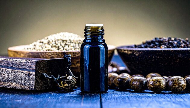 essential oil bottle surrounded by smooth wooden