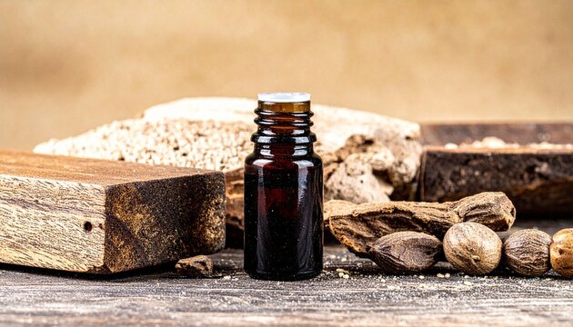 essential oil bottle surrounded by smooth wooden