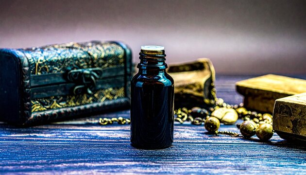 essential oil bottle surrounded by smooth wooden