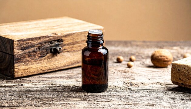 A sleek sandalwood essential oil bottle sits centrally on a wooden surface, its smooth, dark surface contrasting with the warm, golden lighting that bathes the scene. Surrounding the bottle are variou