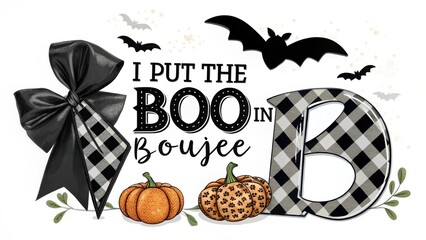 Obraz premium Funny halloween phrase i put the boo in boujee with pumpkins and bats isolated on white background