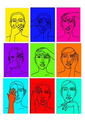 Set of vibrant pop art illustrations featuring minimalist line art portraits with hands expressing various emotions.