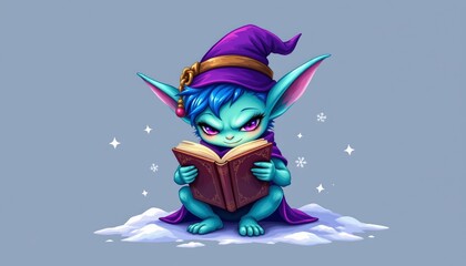 a playful art of a frost sprite reading a spell book in vibrant jewel tones, isolated on a white background with plenty of negative space.