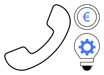 Phone receiver, euro coin, and lightbulb with gear icon emphasize teamwork, customer service, financial growth, innovation, technical support, business solutions and global collaboration. Simple