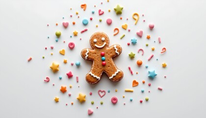 a playful art of a gingerbread man floating gently in candy colors, isolated on a white background with plenty of negative space.