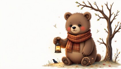 a storybook art of a brown bear with scarf holding a lantern in subdued neutrals, isolated on a white background with plenty of negative space.