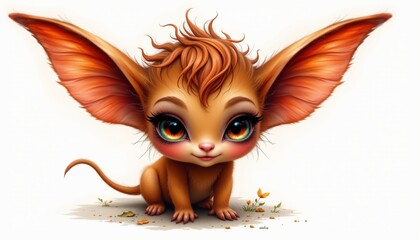 a cute digital painting of a pixie with twinkling eyes in warm browns and reds, isolated on a white background with plenty of negative space.