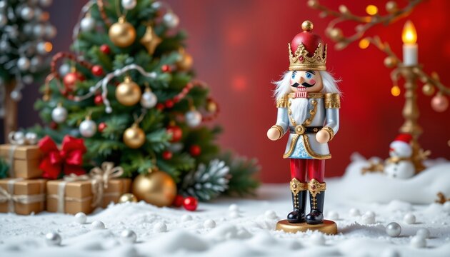 a nutcracker dancing in place painted as a storybook art using frosty silver and gold, centered on a white background leaving ample space around.