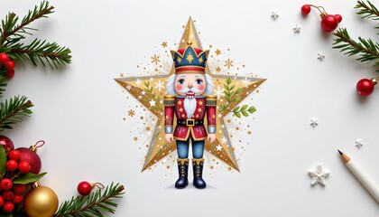 a nutcracker painting a star painted as a playful art using frosty silver and gold, centered on a white background leaving ample space around.