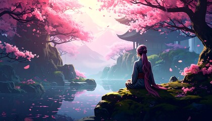 Peaceful serenity in a cherry blossom landscape