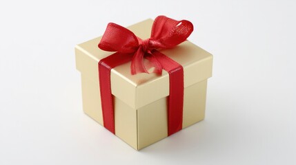 Obraz premium Golden gift box with red ribbon bow, elegant and festive, symbolizing luxury and celebration