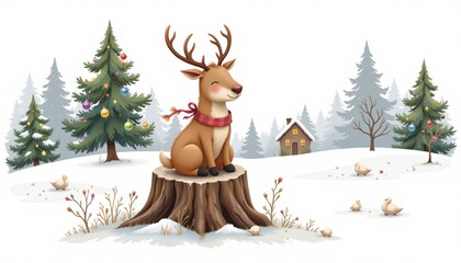 whimsical illustration depicting a reindeer with bells sitting on a stump with muted earth colors palette on a clean white background, subject not filling the frame.