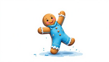 a whimsical illustration of a gingerbread man reaching up in cool blues and whites, isolated on a white background with plenty of negative space.