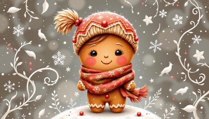 a playful art of a gingerbread girl wearing a cozy scarf in subdued neutrals, isolated on a white background with plenty of negative space.