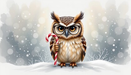 a owl wearing glasses holding a candy cane painted as a soft watercolor using soft winter palette, centered on a white background leaving ample space around.