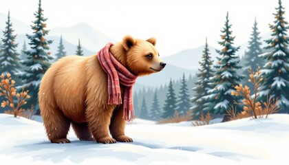a soft watercolor of a brown bear with scarf standing on a snowy surface in soft winter palette, isolated on a white background with plenty of negative space.