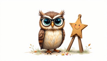 a cute digital painting of a owl wearing glasses painting a star in muted earth colors, isolated on a white background with plenty of negative space.