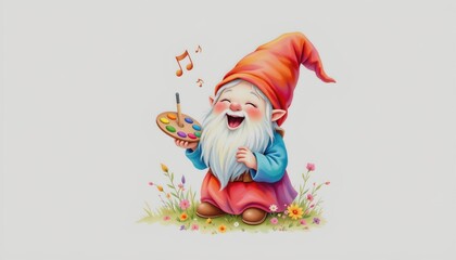 soft watercolor depicting a gnome singing joyfully with pastel tones palette on a clean white background, subject not filling the frame.