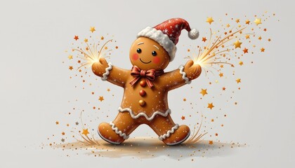 whimsical illustration depicting a gingerbread man spreading magic dust with frosty silver and gold palette on a clean white background, subject not filling the frame.