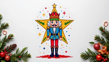 a nutcracker painting a star painted as a playful art using bright holiday colors, centered on a white background leaving ample space around.