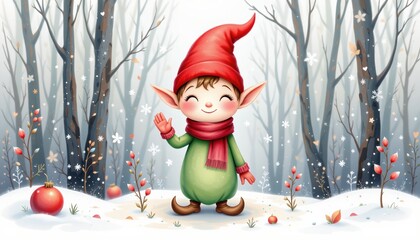 a soft watercolor of a woodland elf waving hello in soft winter palette, isolated on a white background with plenty of negative space.